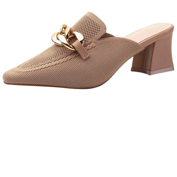 NEWBELLA Women's sz 8 Apricot/Gold Knit Pointed Toe Chunky Heel Mules new in box - Picture 1 of 11